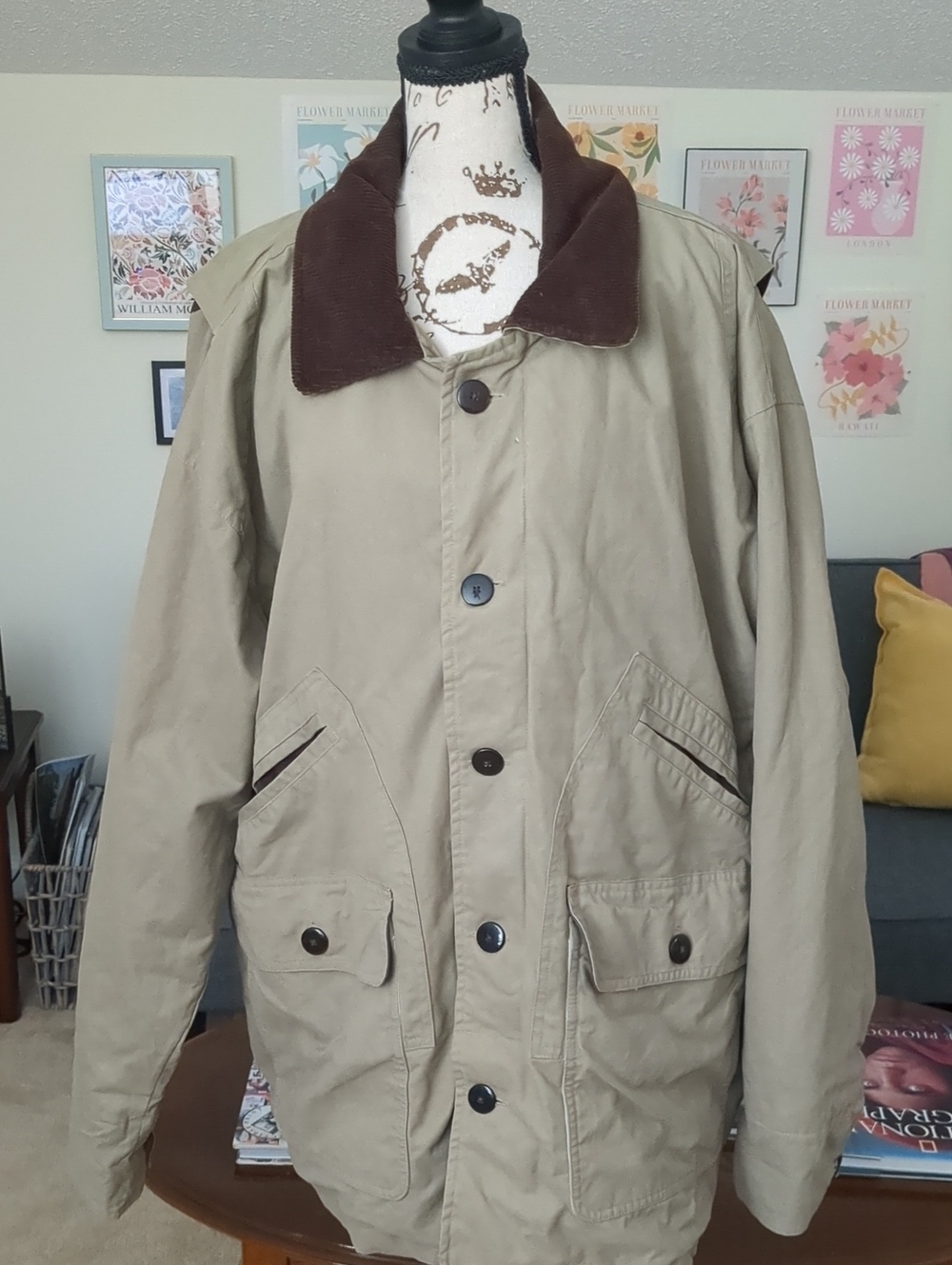 Vintage Tan Barn Jacket with Brown Corduroy Collar And Plaid Flannel Lining